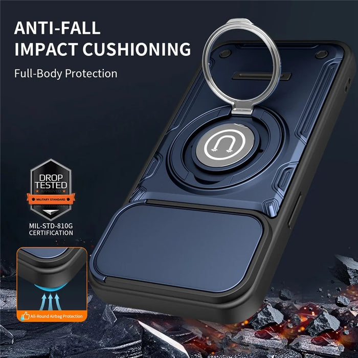 For iPhone 15 Pro Max Case with Slide Camera Cover Ring Kickstand PC + TPU Phone Shell - Dark Blue - 3