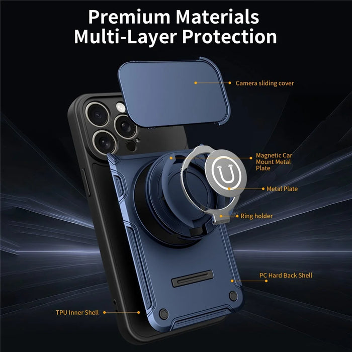 For iPhone 15 Pro Max Case with Slide Camera Cover Ring Kickstand PC + TPU Phone Shell - Dark Blue - 4