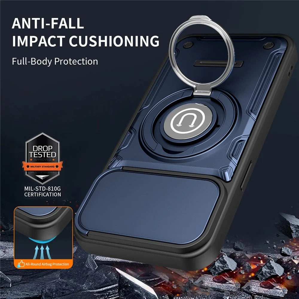 For iPhone 15 Pro Case with Slide Camera Cover Ring Kickstand PC + TPU Phone Shell - Dark Blue - 3