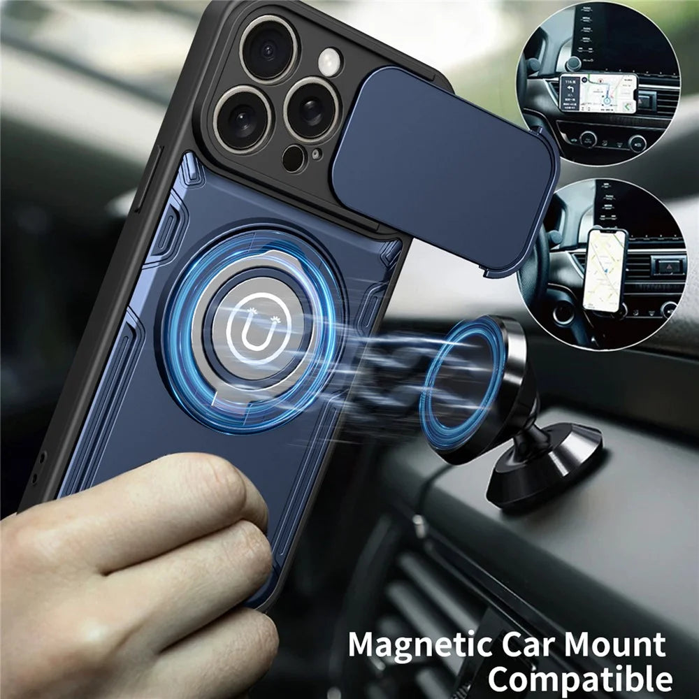 For iPhone 15 Pro Case with Slide Camera Cover Ring Kickstand PC + TPU Phone Shell - Dark Blue - 7