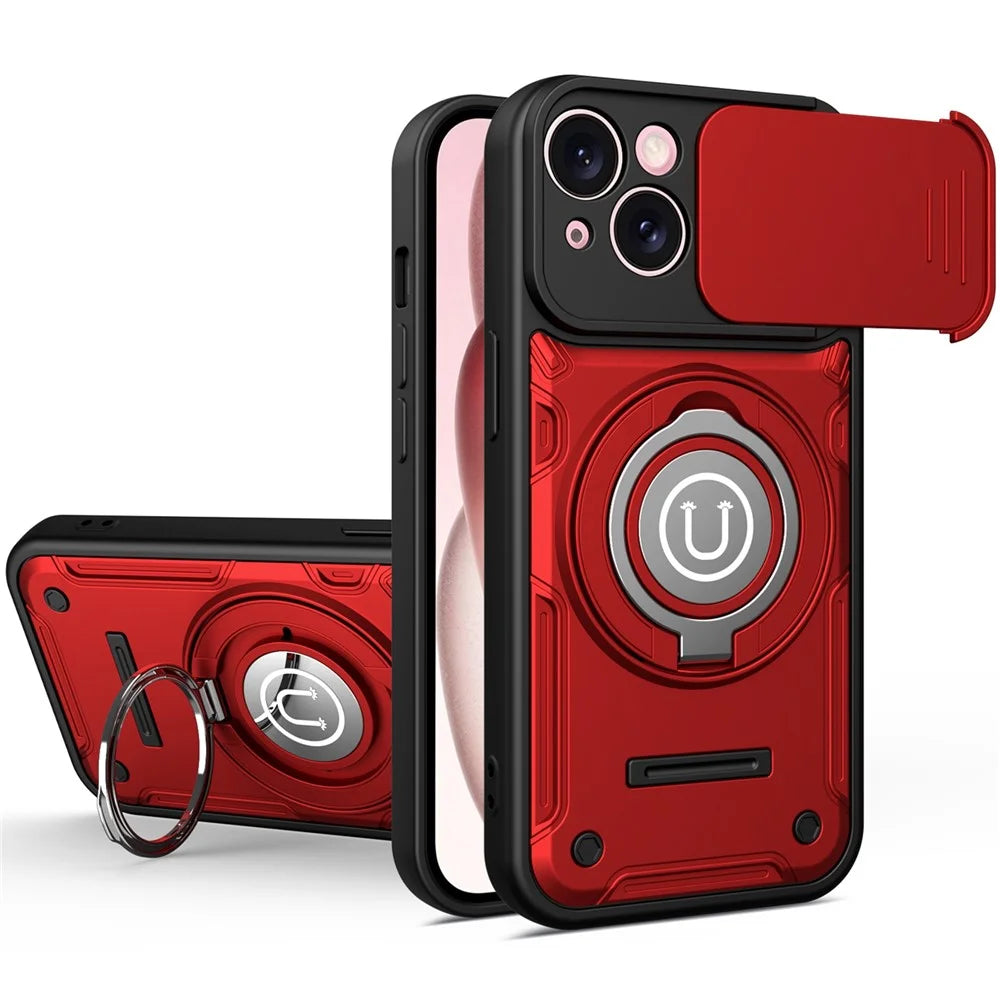 For iPhone 15 Case with Slide Camera Cover Ring Kickstand PC + TPU Phone Shell - Red - 1