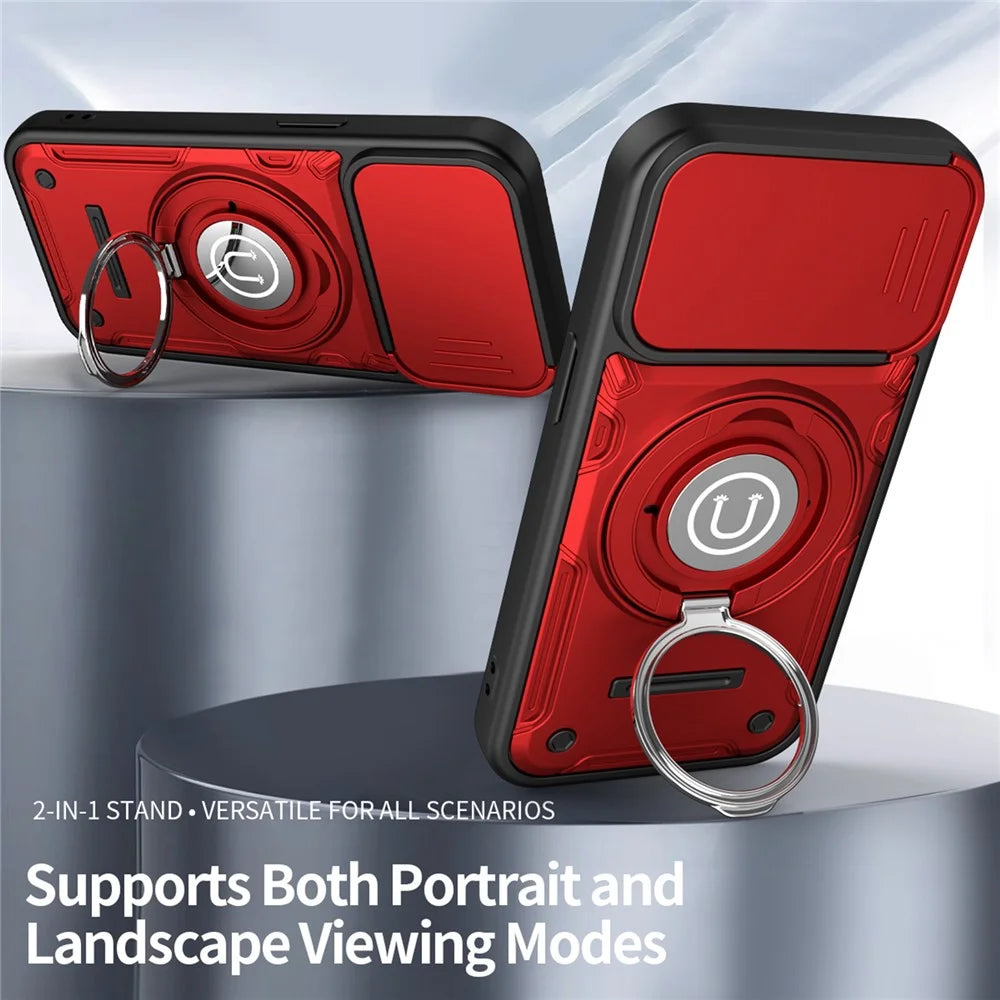 For iPhone 15 Case with Slide Camera Cover Ring Kickstand PC + TPU Phone Shell - Red - 2