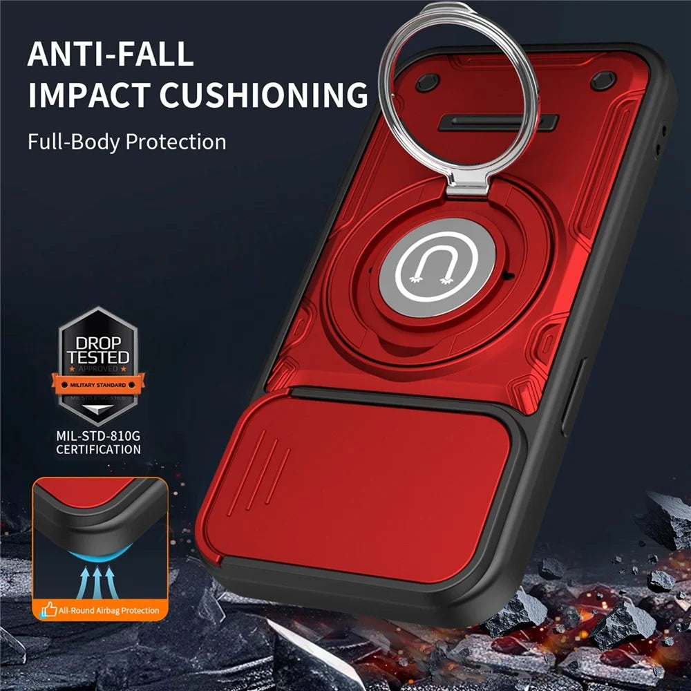 For iPhone 15 Case with Slide Camera Cover Ring Kickstand PC + TPU Phone Shell - Red - 3