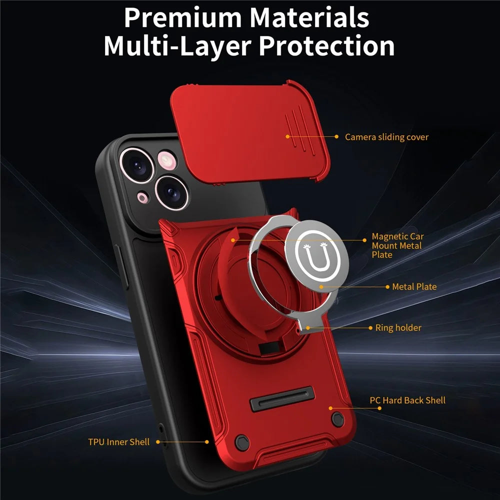For iPhone 15 Case with Slide Camera Cover Ring Kickstand PC + TPU Phone Shell - Red - 4