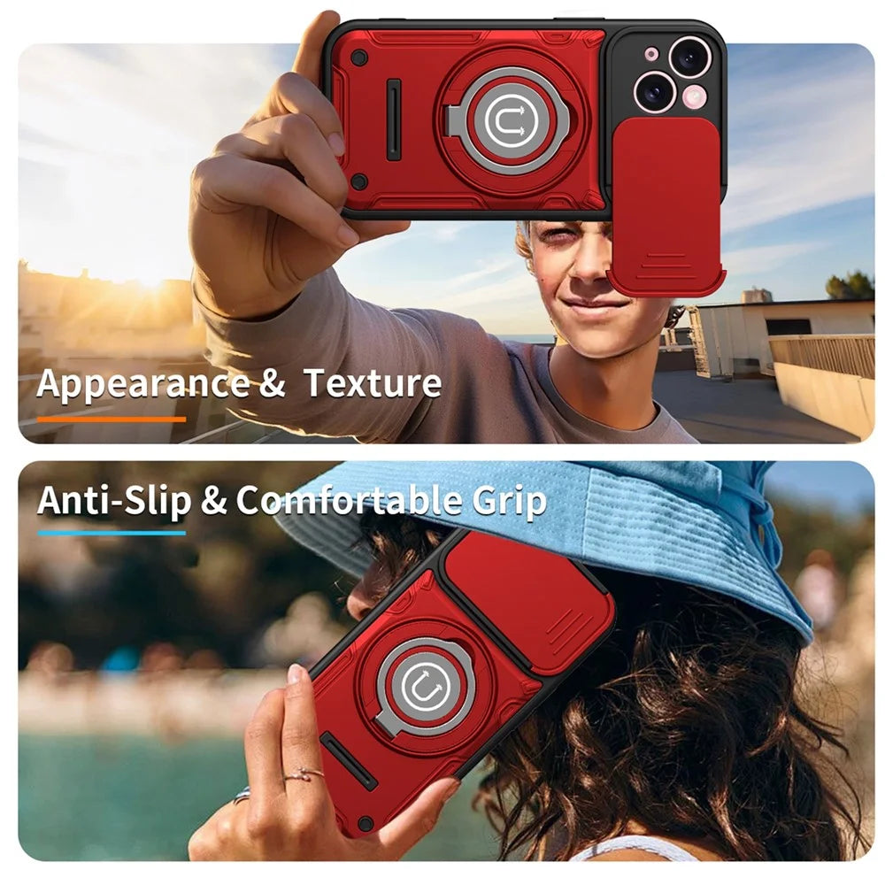 For iPhone 15 Case with Slide Camera Cover Ring Kickstand PC + TPU Phone Shell - Red - 5