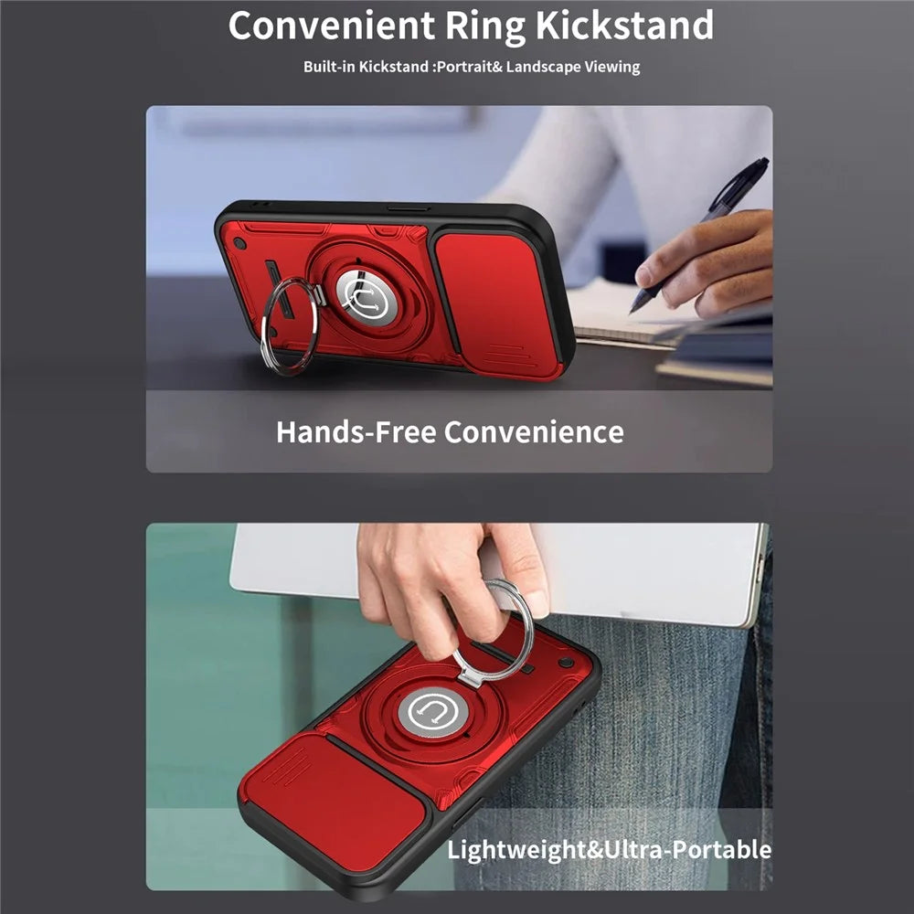For iPhone 15 Case with Slide Camera Cover Ring Kickstand PC + TPU Phone Shell - Red - 6