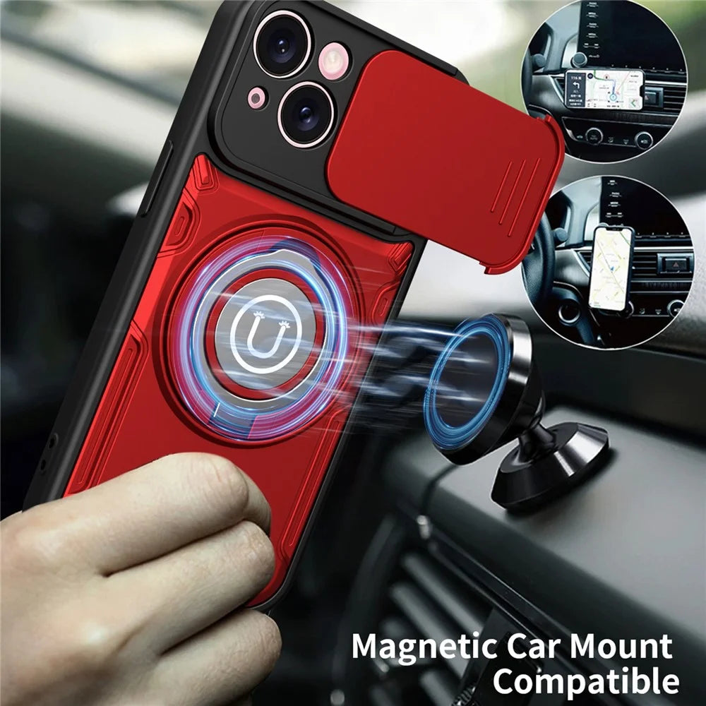 For iPhone 15 Case with Slide Camera Cover Ring Kickstand PC + TPU Phone Shell - Red - 7
