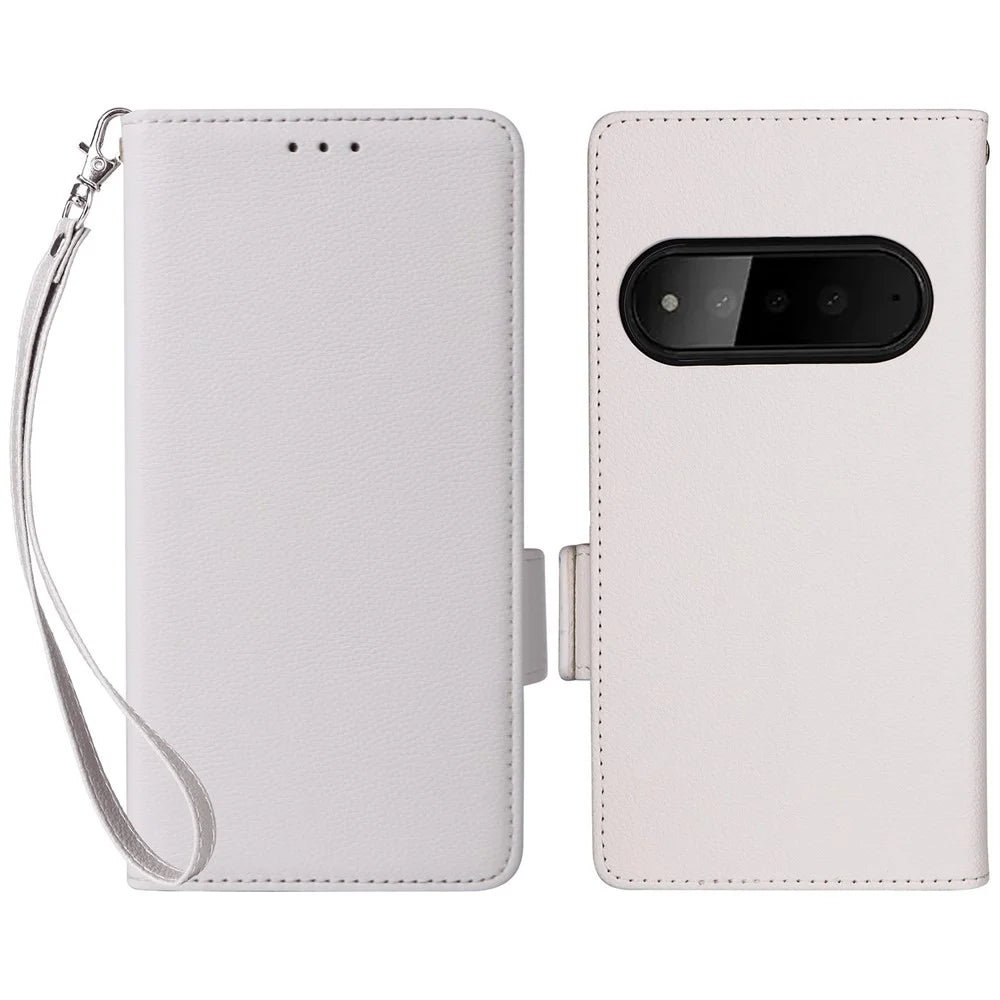 For SoftBank Natural AI Phone Case Litchi Texture Wallet Leather Phone Cover with Wrist Strap - White - 1