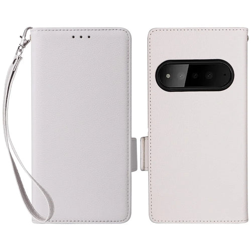 For SoftBank Natural AI Phone Case Litchi Texture Wallet Leather Phone Cover with Wrist Strap - White - 1