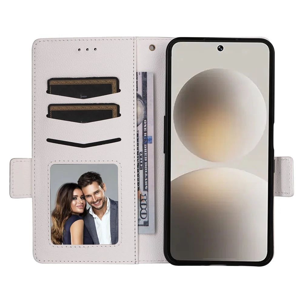 For SoftBank Natural AI Phone Case Litchi Texture Wallet Leather Phone Cover with Wrist Strap - White - 2