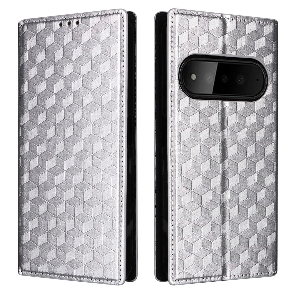 For SoftBank Natural AI Phone Case Wallet Rhombus Imprinted PU Leather Phone Cover - Silver - 1