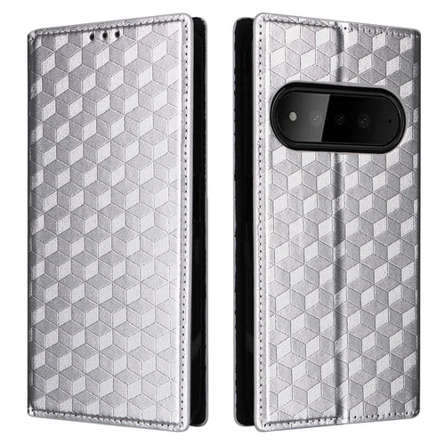 For SoftBank Natural AI Phone Case Wallet Rhombus Imprinted PU Leather Phone Cover - Silver - 1