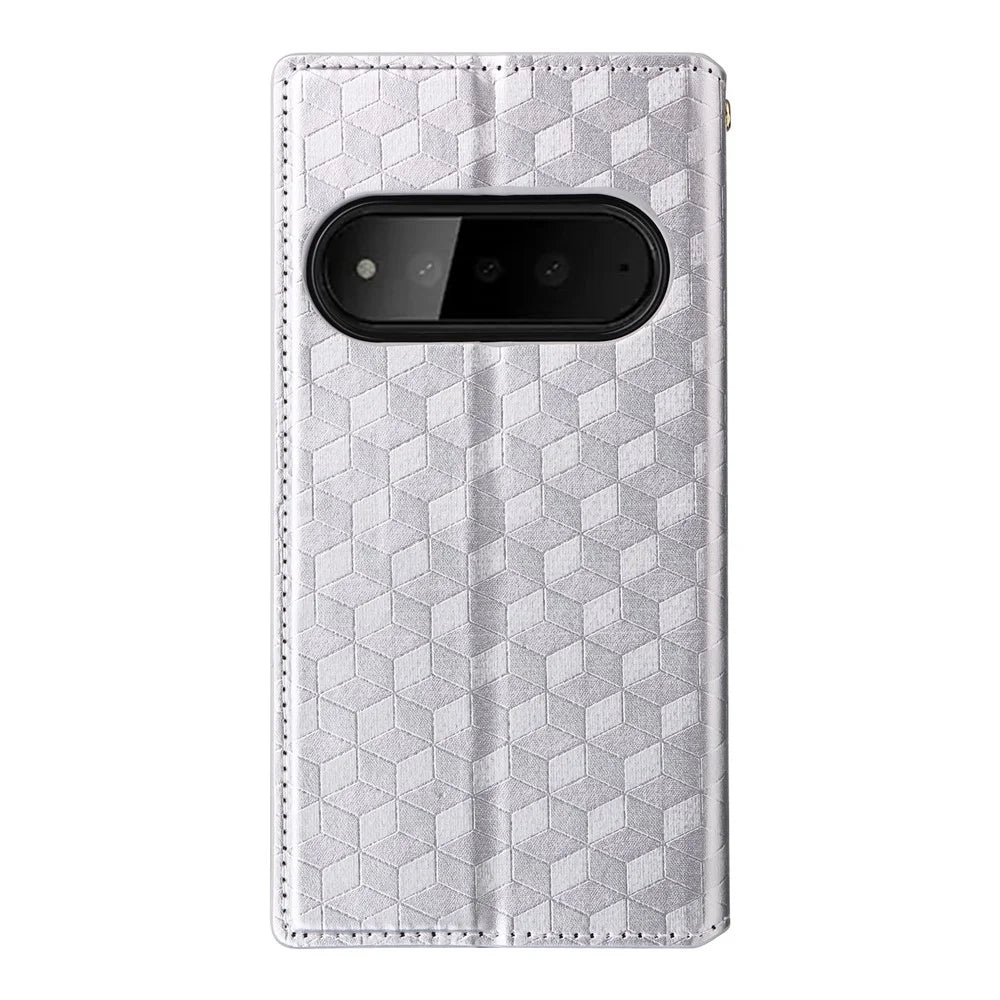 For SoftBank Natural AI Phone Case Wallet Rhombus Imprinted PU Leather Phone Cover - Silver - 7