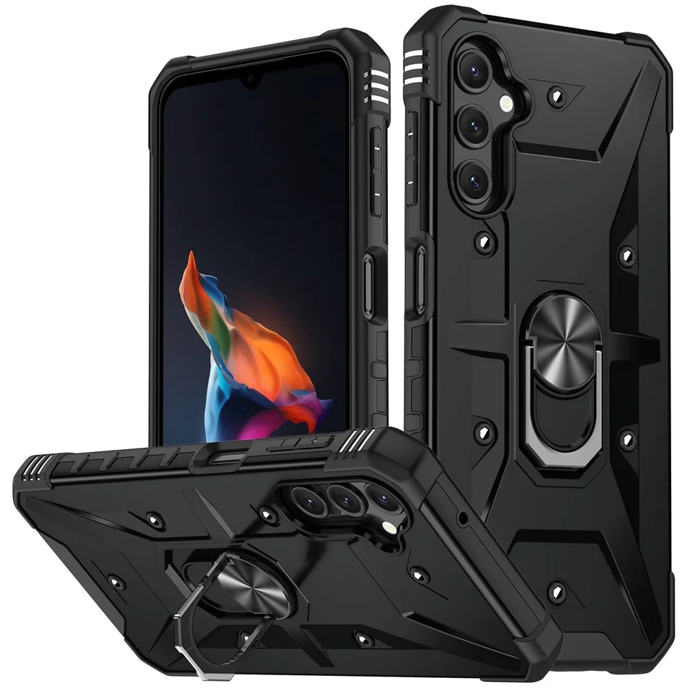 For Samsung Galaxy A14 5G / A14 4G Anti-fall Ring Car Mount Kickstand Phone Case Hard PC Soft TPU Hybrid Military-Grade Shockproof Cover - Black - 1