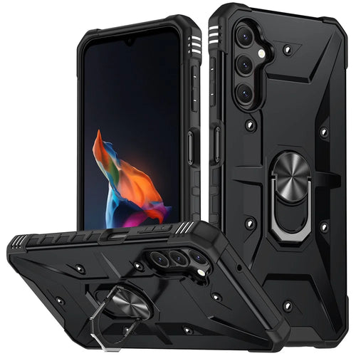 For Samsung Galaxy A14 5G / A14 4G Anti-fall Ring Car Mount Kickstand Phone Case Hard PC Soft TPU Hybrid Military-Grade Shockproof Cover - Black - 1