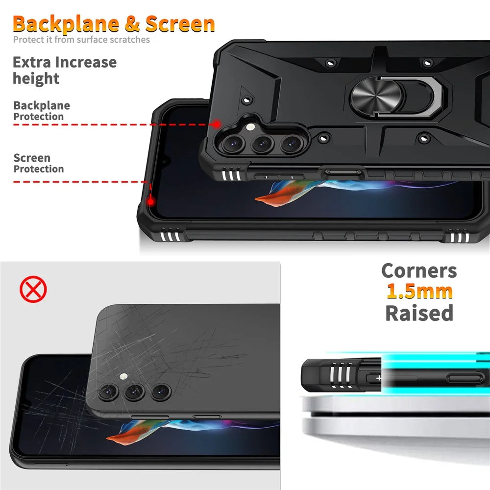 For Samsung Galaxy A14 5G / A14 4G Anti-fall Ring Car Mount Kickstand Phone Case Hard PC Soft TPU Hybrid Military-Grade Shockproof Cover - Black - 4