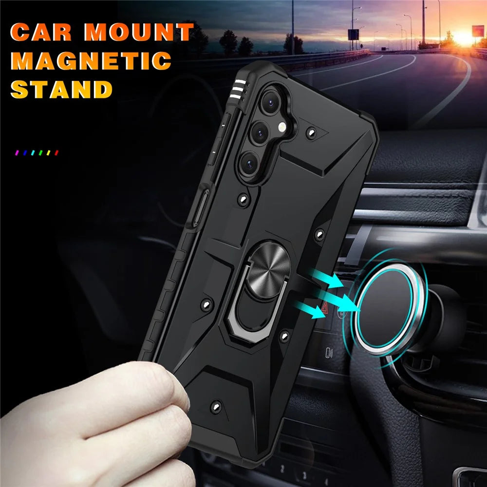 For Samsung Galaxy A14 5G / A14 4G Anti-fall Ring Car Mount Kickstand Phone Case Hard PC Soft TPU Hybrid Military-Grade Shockproof Cover - Black - 6