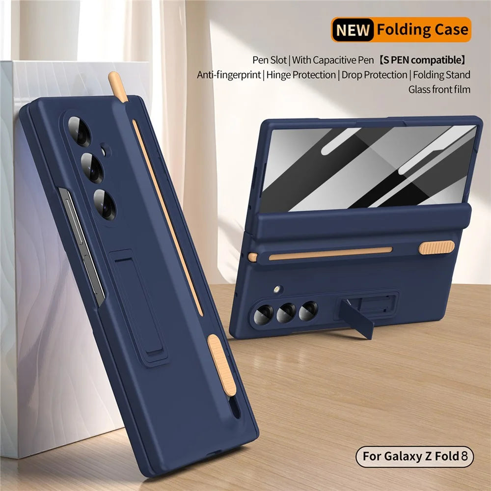 For Samsung Galaxy Z Fold8 Ultra Kickstand Case Hinge Protection PC Phone Cover with Screen Protector and Stylus Pen - Sapphire - 2