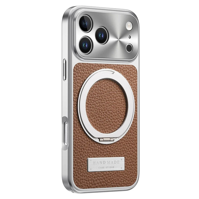For iPhone 17 Pro Max Case Compatible with MagSafe Litchi Texture PU Leather+TPU+PC Phone Cover with Rotating Kickstand - Brown - 2