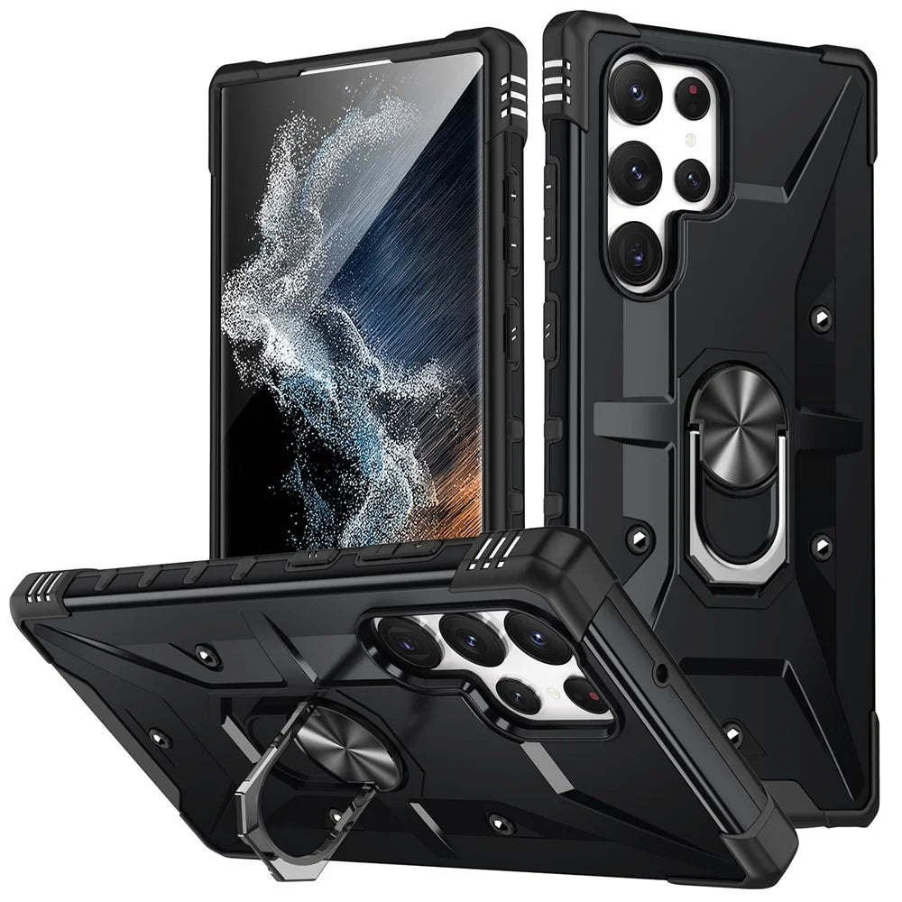 For Samsung Galaxy S23 Ultra Ring Car Mount Kickstand Phone Case Collision Resistant Hard PC Soft TPU Hybrid Military-Grade Shockproof Cover - Black - 1