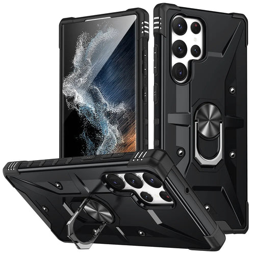 For Samsung Galaxy S23 Ultra Ring Car Mount Kickstand Phone Case Collision Resistant Hard PC Soft TPU Hybrid Military-Grade Shockproof Cover - Black - 1