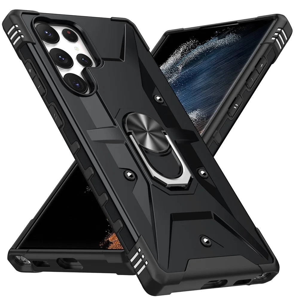 For Samsung Galaxy S23 Ultra Ring Car Mount Kickstand Phone Case Collision Resistant Hard PC Soft TPU Hybrid Military-Grade Shockproof Cover - Black - 2