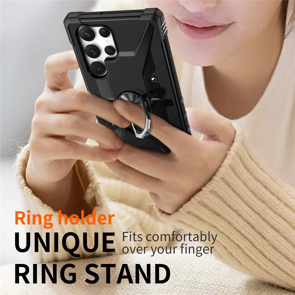 For Samsung Galaxy S23 Ultra Ring Car Mount Kickstand Phone Case Collision Resistant Hard PC Soft TPU Hybrid Military-Grade Shockproof Cover - Black - 5