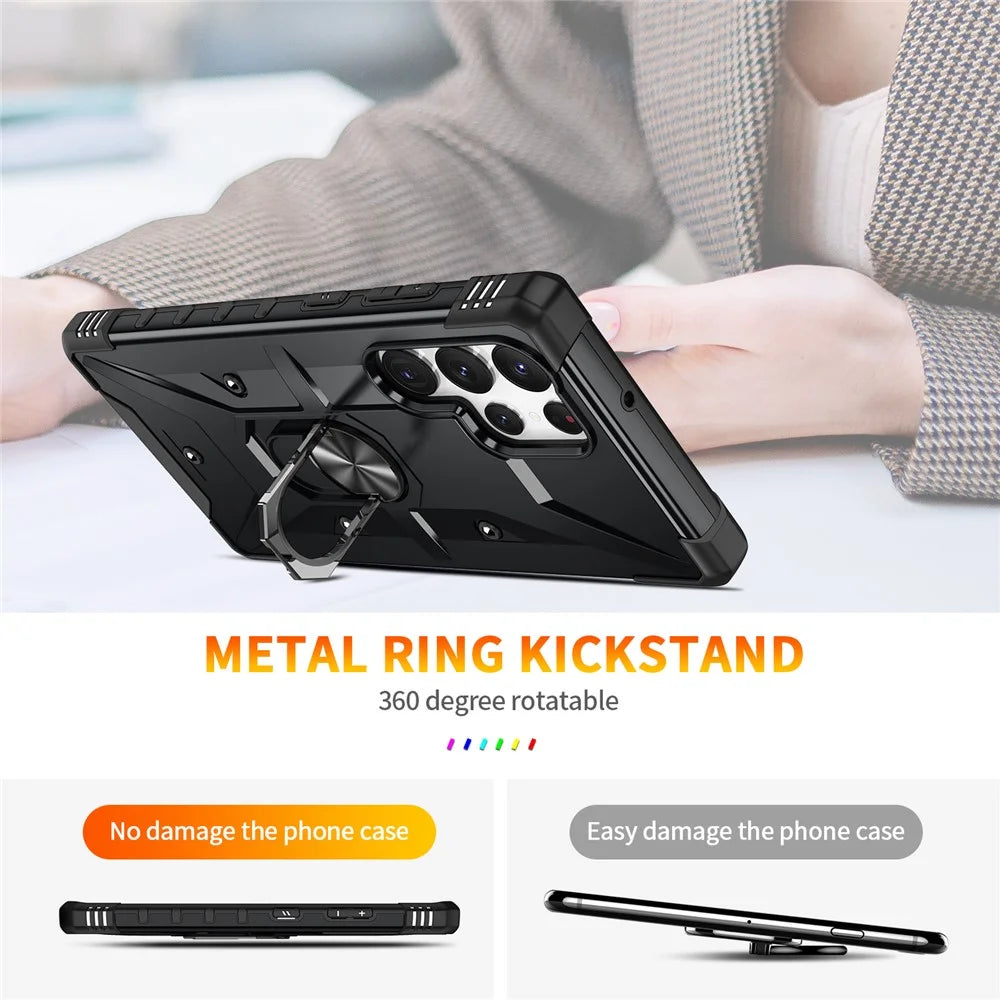 For Samsung Galaxy S23 Ultra Ring Car Mount Kickstand Phone Case Collision Resistant Hard PC Soft TPU Hybrid Military-Grade Shockproof Cover - Black - 7