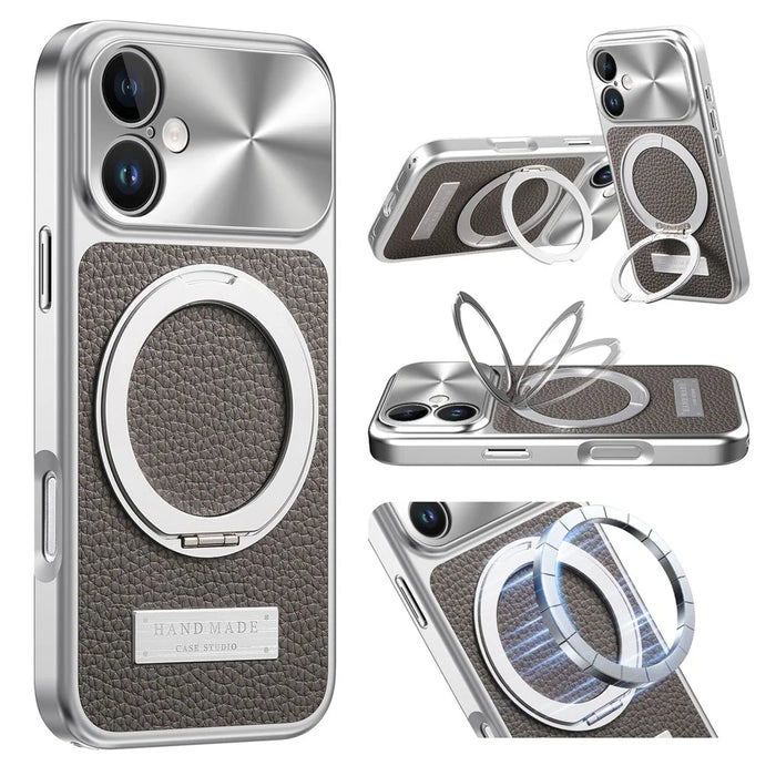 For iPhone 17 Magnetic Case Kickstand TPU+PC+PU Leather Litchi Texture Phone Back Cover - Grey - 1