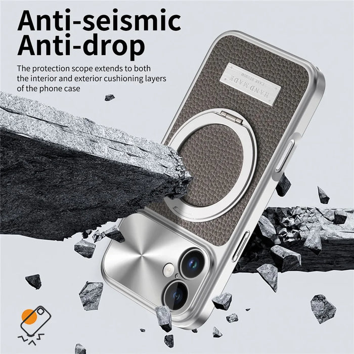 For iPhone 17 Magnetic Case Kickstand TPU+PC+PU Leather Litchi Texture Phone Back Cover - Grey - 2