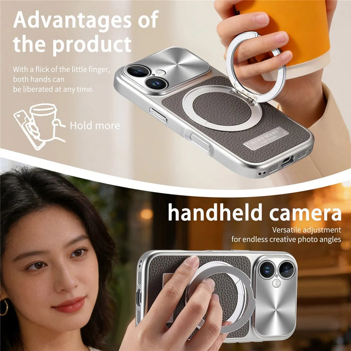 For iPhone 17 Magnetic Case Kickstand TPU+PC+PU Leather Litchi Texture Phone Back Cover - Grey - 3