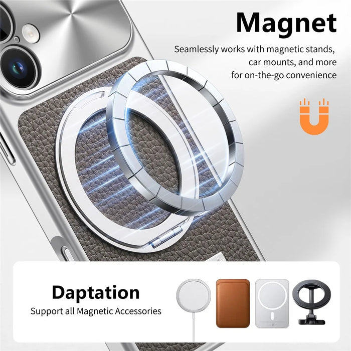 For iPhone 17 Magnetic Case Kickstand TPU+PC+PU Leather Litchi Texture Phone Back Cover - Grey - 6