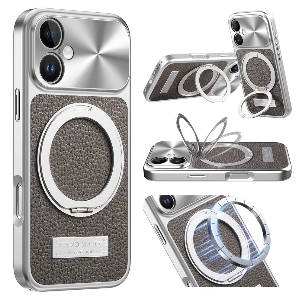 For iPhone 16 Magnetic Case Kickstand TPU+PC+PU Leather Litchi Texture Phone Back Cover - Grey - 1