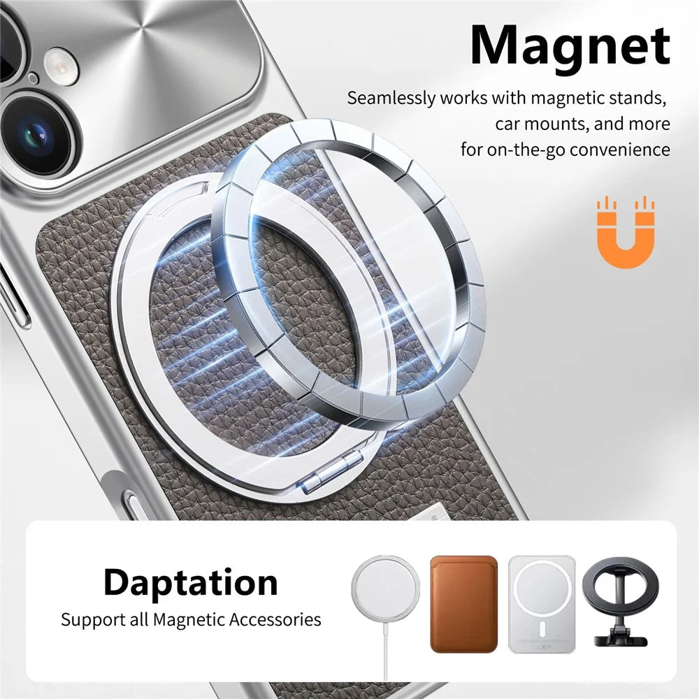 For iPhone 16 Magnetic Case Kickstand TPU+PC+PU Leather Litchi Texture Phone Back Cover - Grey - 6