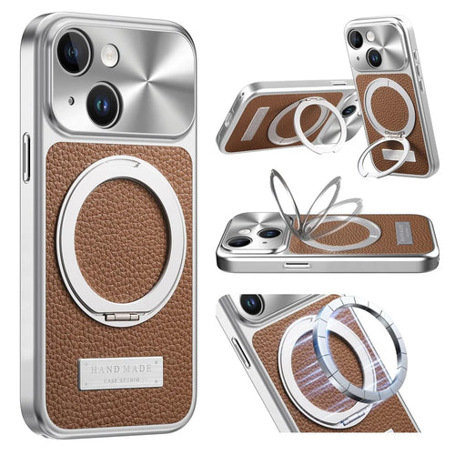 For iPhone 15 Magnetic Case Kickstand TPU+PC+PU Leather Litchi Texture Phone Back Cover - Brown - 1