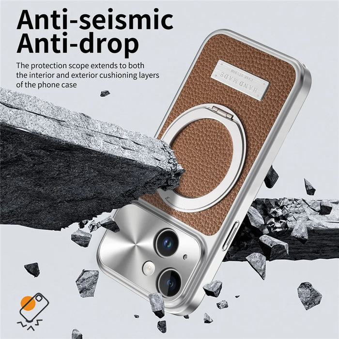 For iPhone 15 Magnetic Case Kickstand TPU+PC+PU Leather Litchi Texture Phone Back Cover - Brown - 2