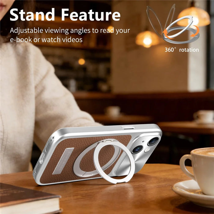For iPhone 15 Magnetic Case Kickstand TPU+PC+PU Leather Litchi Texture Phone Back Cover - Brown - 5