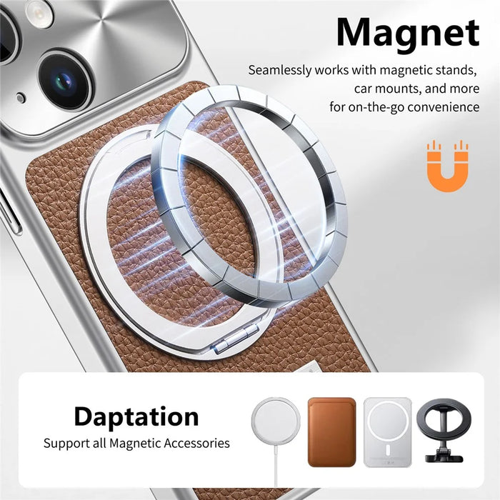 For iPhone 15 Magnetic Case Kickstand TPU+PC+PU Leather Litchi Texture Phone Back Cover - Brown - 6