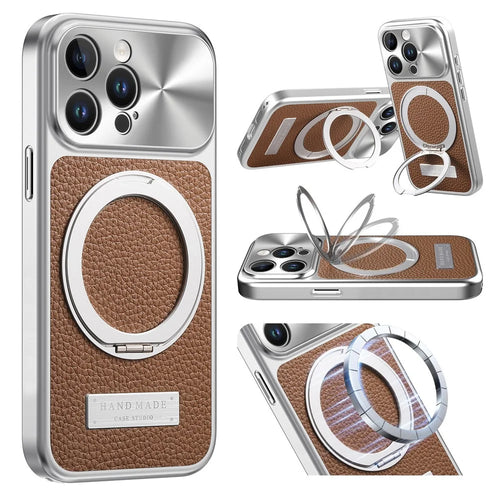 For iPhone 15 Pro Magnetic Case Kickstand TPU+PC+PU Leather Litchi Texture Phone Back Cover - Brown - 1
