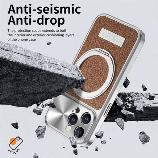 For iPhone 15 Pro Magnetic Case Kickstand TPU+PC+PU Leather Litchi Texture Phone Back Cover - Brown - 2