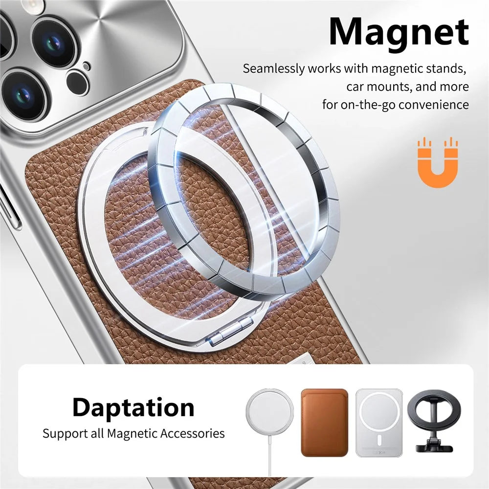 For iPhone 15 Pro Magnetic Case Kickstand TPU+PC+PU Leather Litchi Texture Phone Back Cover - Brown - 6