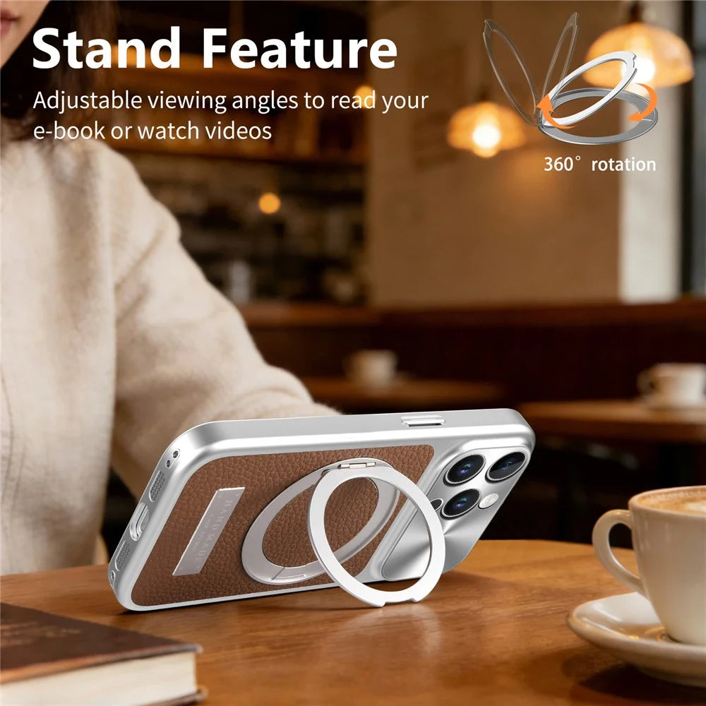 For iPhone 15 Pro Max Magnetic Case Kickstand TPU+PC+PU Leather Litchi Texture Phone Back Cover - Brown - 5