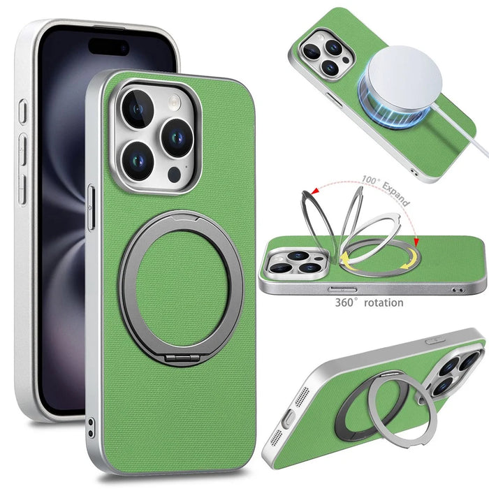 For iPhone 15 Pro Max Magnetic Case Ring Kickstand Fine Grid Texture Leather + PC + TPU Phone Cover - Green - 1