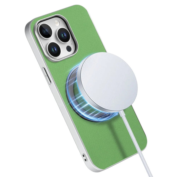 For iPhone 15 Pro Max Magnetic Case Ring Kickstand Fine Grid Texture Leather + PC + TPU Phone Cover - Green - 6