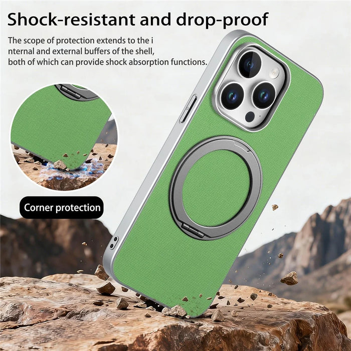 For iPhone 15 Pro Max Magnetic Case Ring Kickstand Fine Grid Texture Leather + PC + TPU Phone Cover - Green - 7