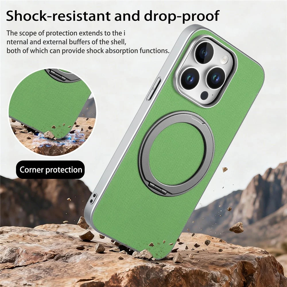 For iPhone 15 Pro Magnetic Case Ring Kickstand Fine Grid Texture Leather + PC + TPU Phone Cover - Green - 7
