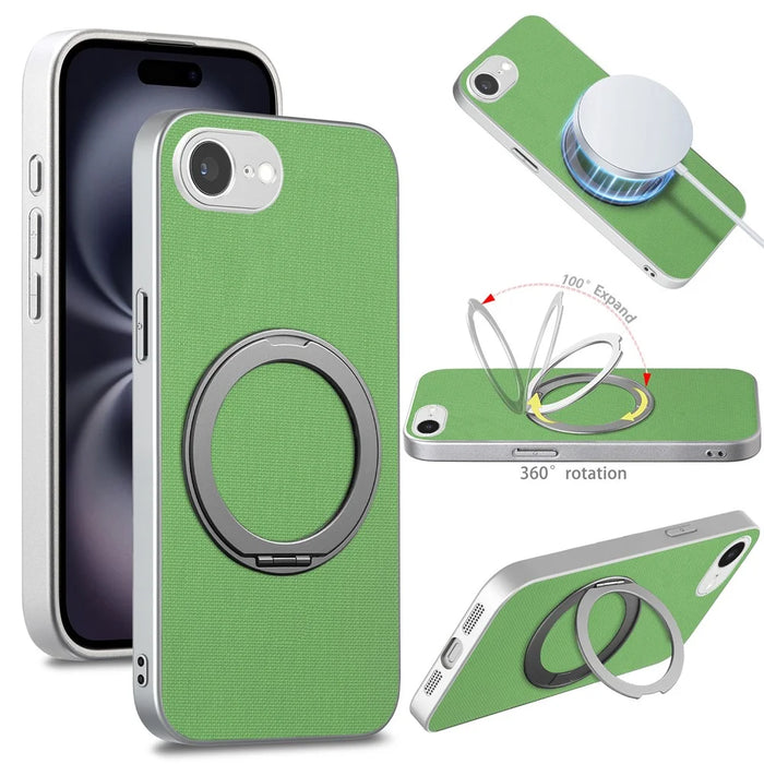 For iPhone 16e  /  17e Magnetic Case Ring Kickstand Fine Grid Texture Leather + PC + TPU Phone Cover - Green - 1