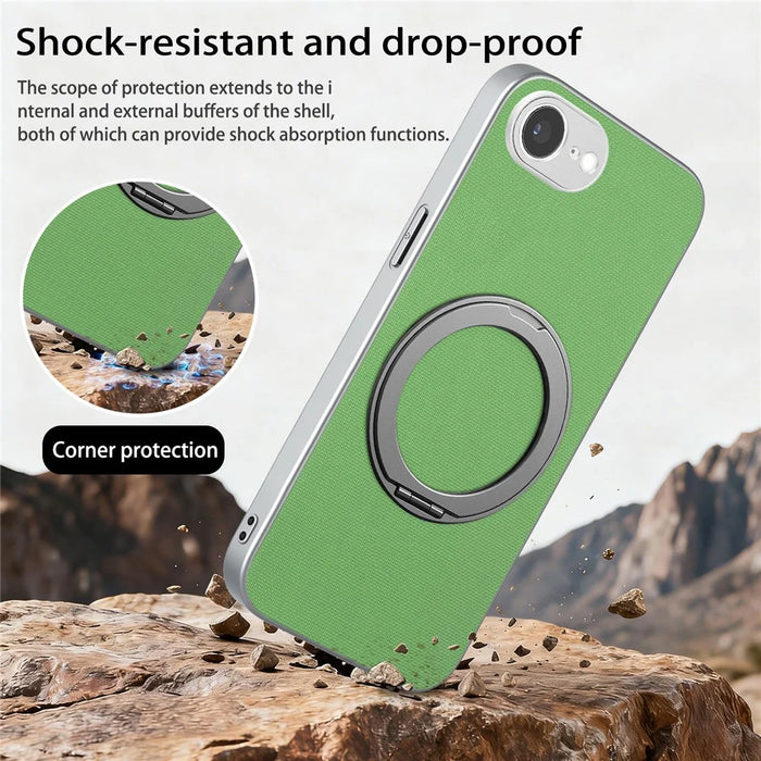 For iPhone 16e  /  17e Magnetic Case Ring Kickstand Fine Grid Texture Leather + PC + TPU Phone Cover - Green - 6