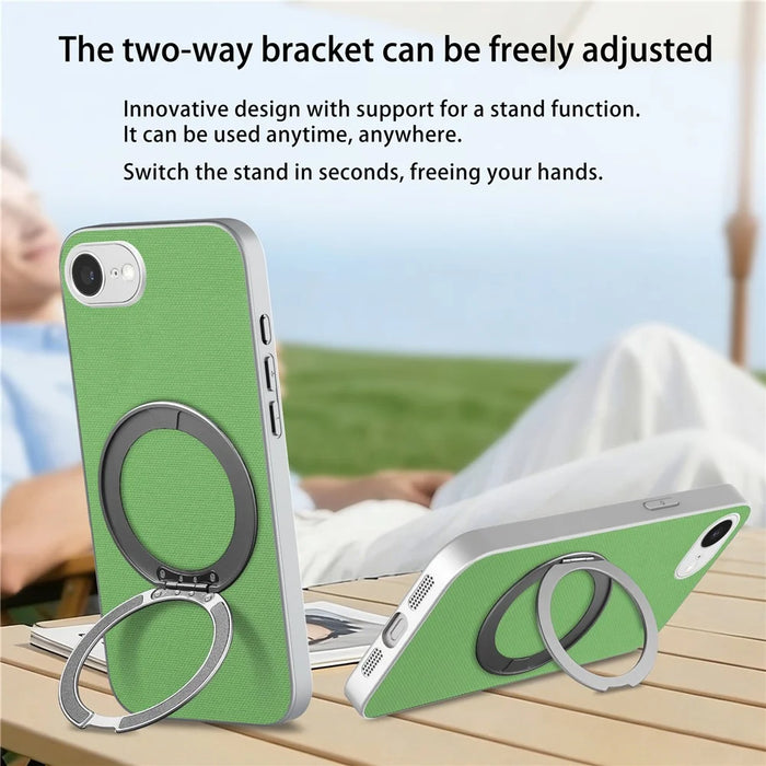 For iPhone 16e  /  17e Magnetic Case Ring Kickstand Fine Grid Texture Leather + PC + TPU Phone Cover - Green - 7