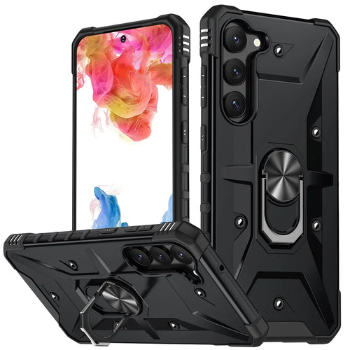 For Samsung Galaxy S23+ Ring Car Mount Kickstand Phone Case Military-Grade Drop-proof Hard PC Soft TPU Hybrid Cover - Black - 1